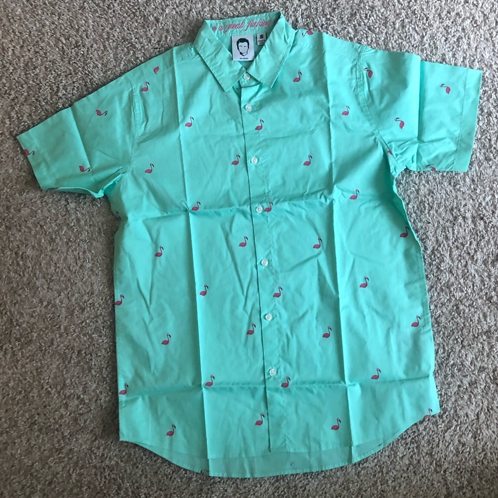 Philip Defranco flamingo print blue button shirt
